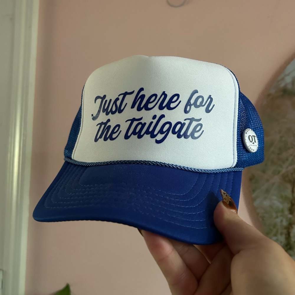 Blue and White Trucker Hat: Just here for the tailgate
